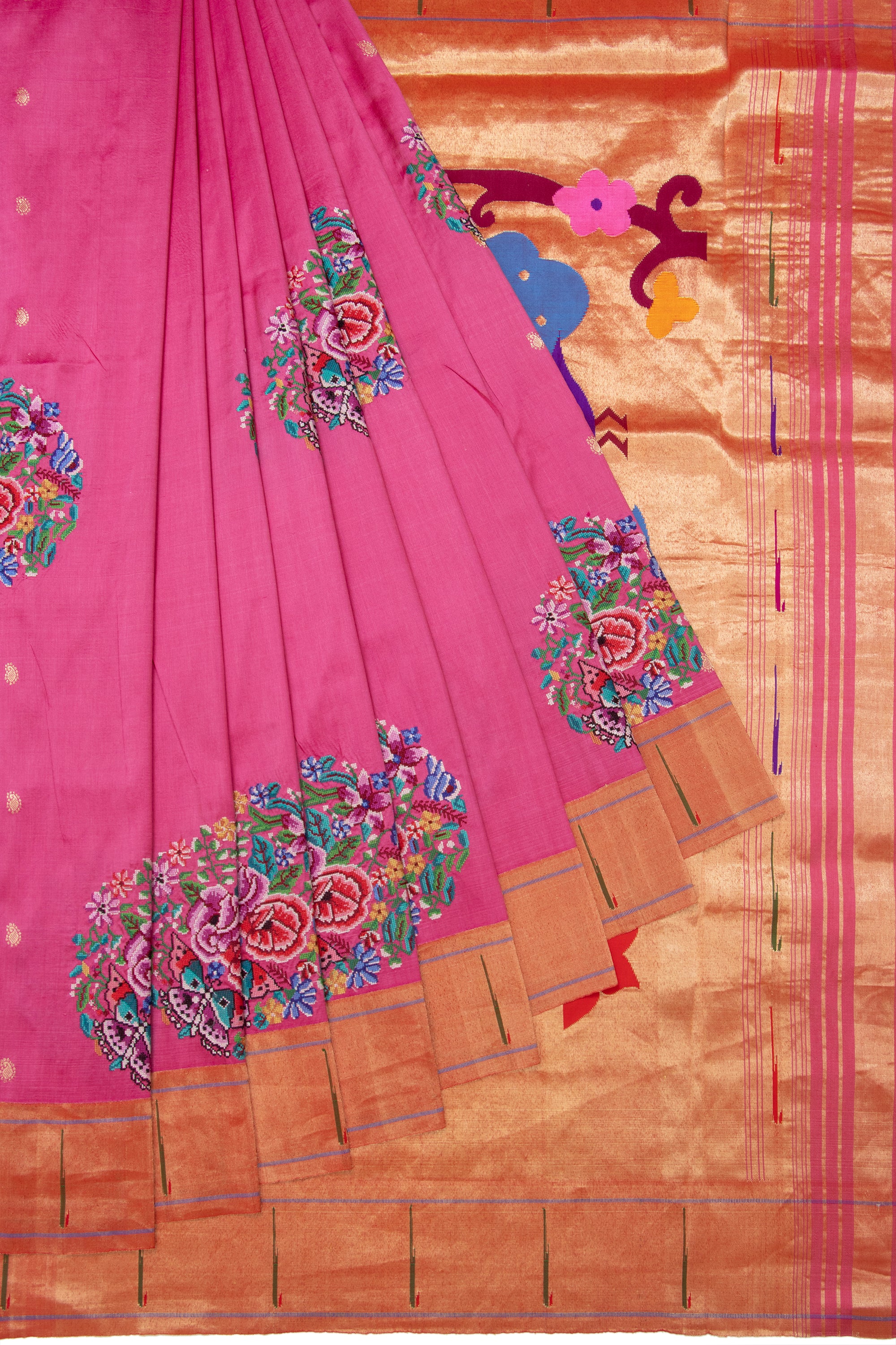 Paithani Silk Embroidery Butta Rani Pink Saree