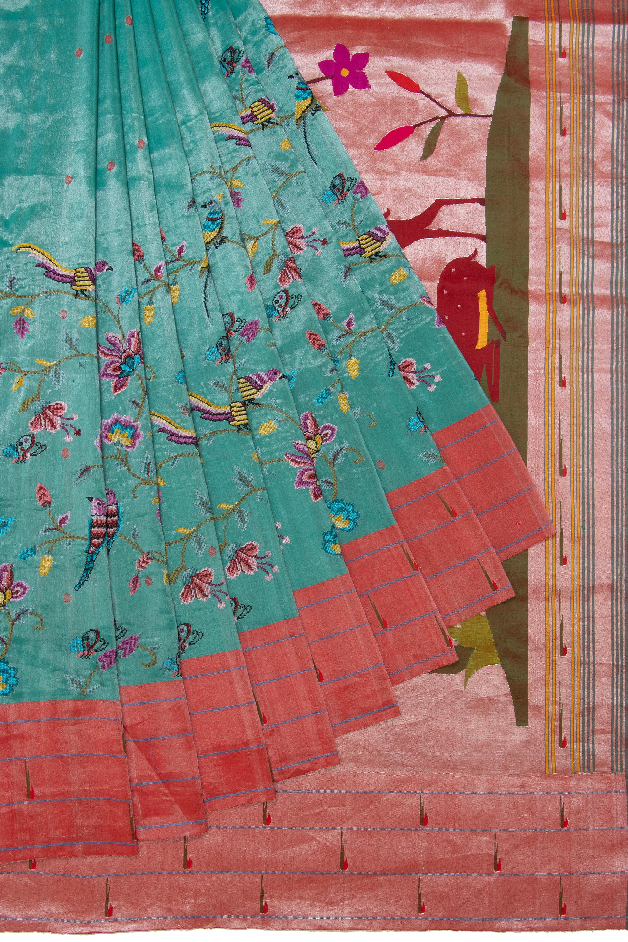 Paithani Silk Tissue Embroidery Jaal Teal Green Saree With Triple Muniya Border