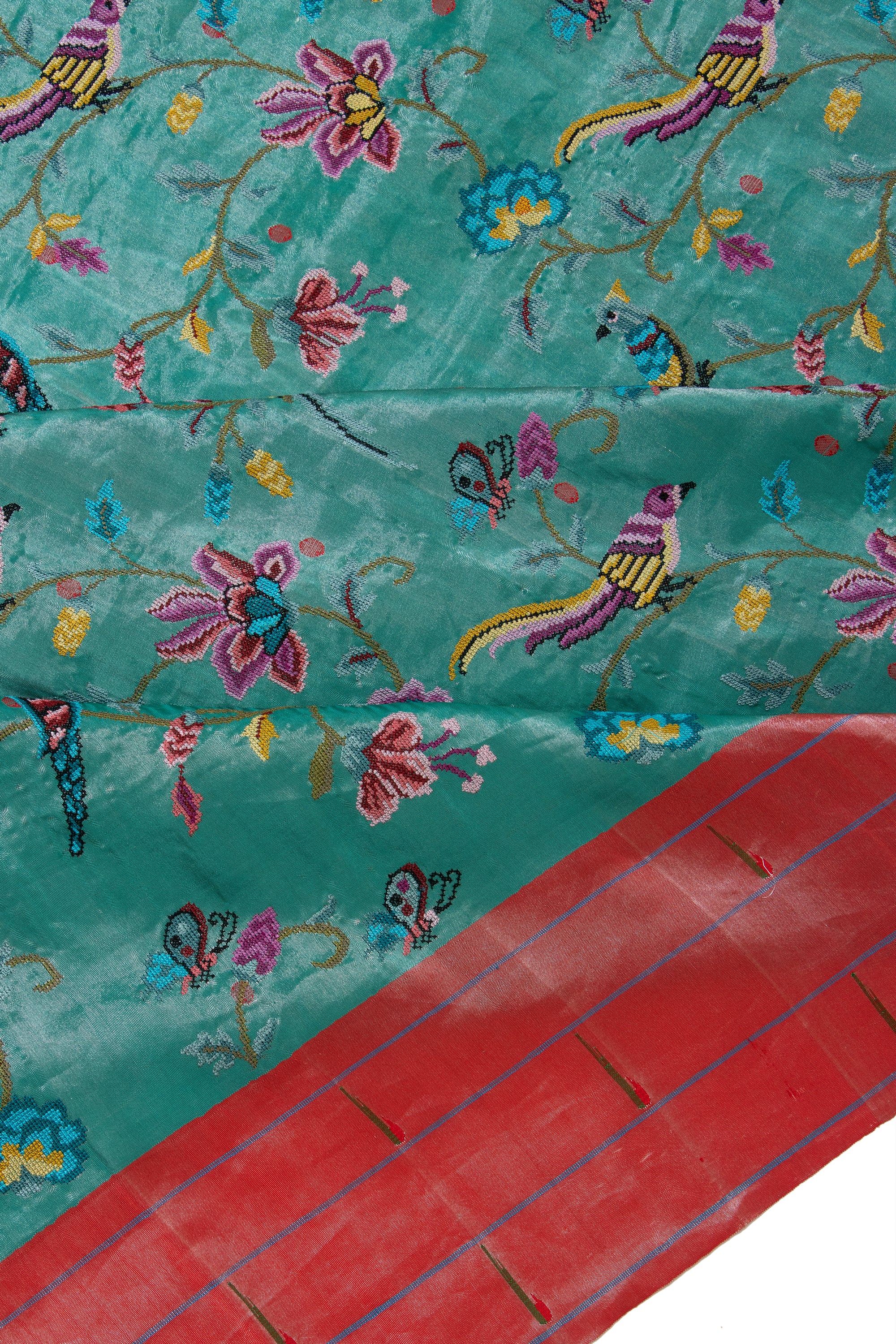 Paithani Silk Tissue Embroidery Jaal Teal Green Saree With Triple Muniya Border