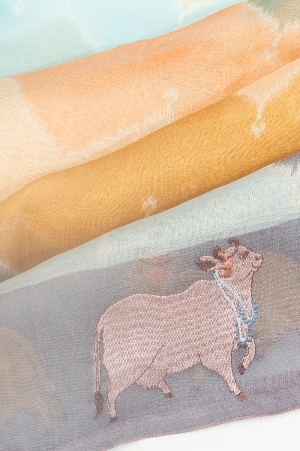 Organza Zig Zag Lines Multicolour Saree With Pichwai Motifs Embroidery Border