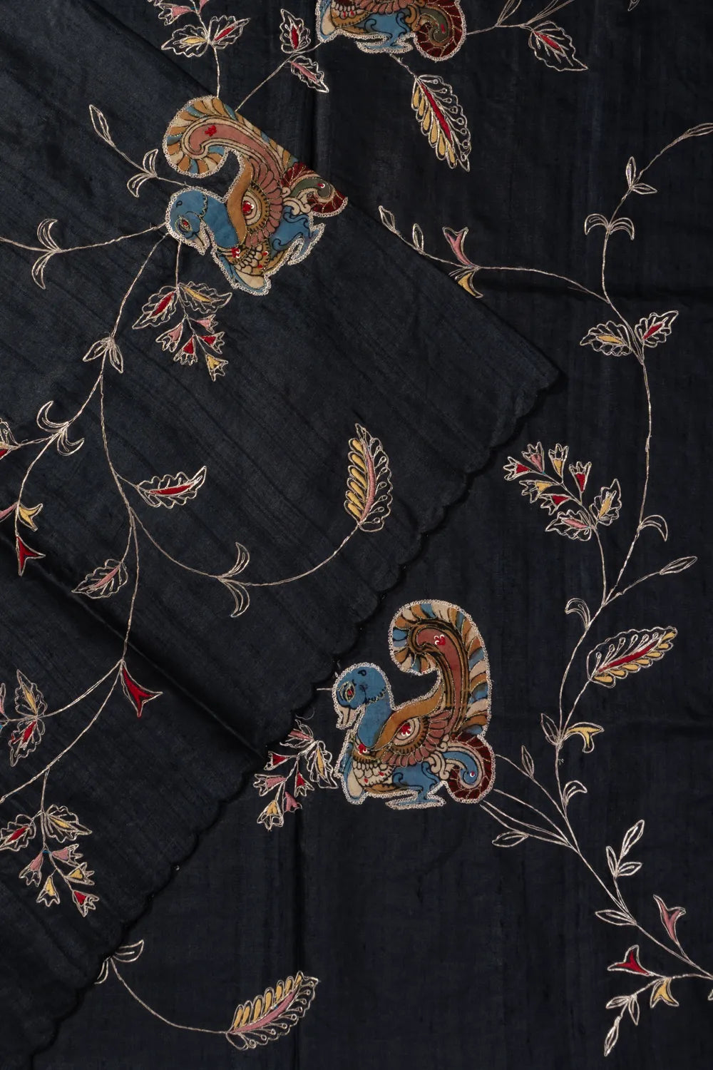 Bhagalpuri Tussar Kalamkari Patch Aari Work Black Saree