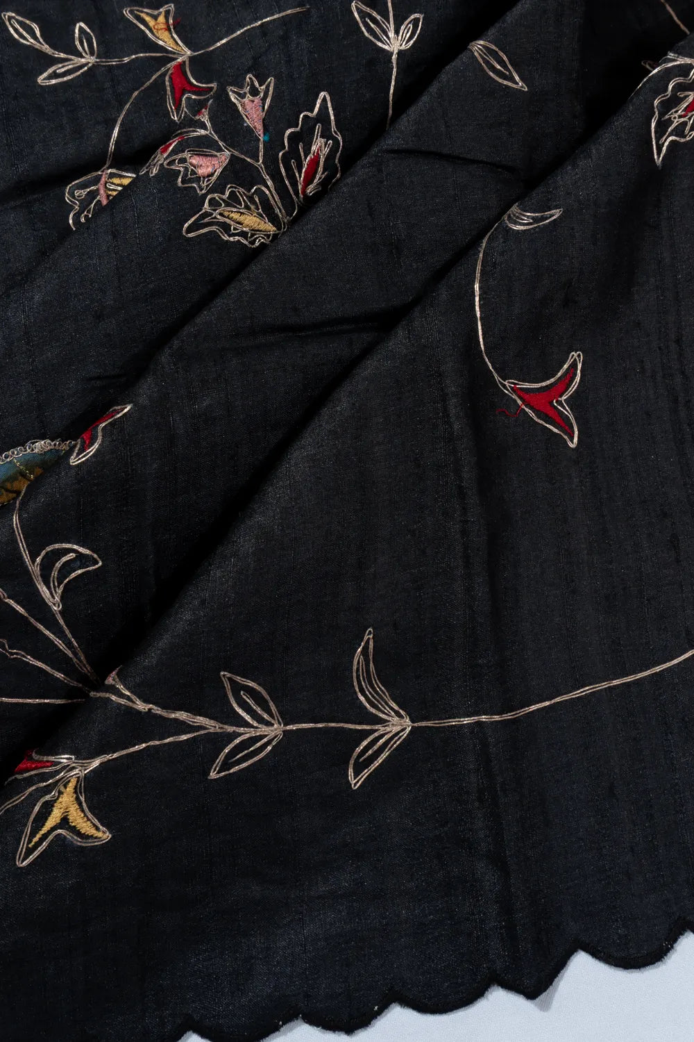 Bhagalpuri Tussar Kalamkari Patch Aari Work Black Saree