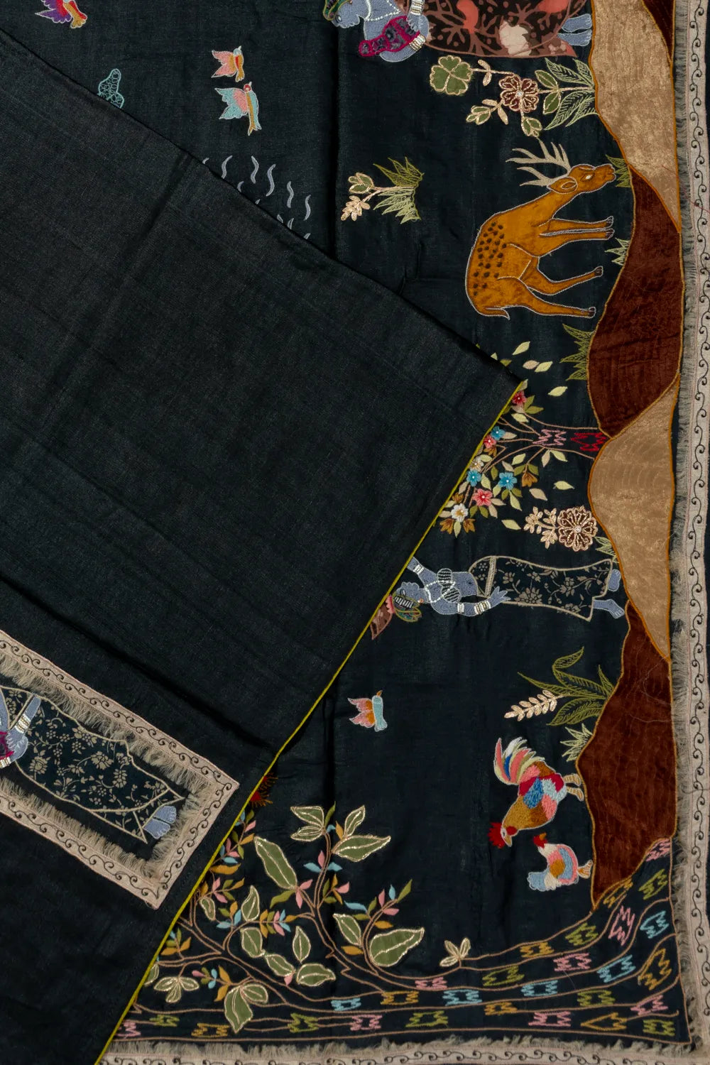 Bhagalpuri Tussar Embroidery Black Saree