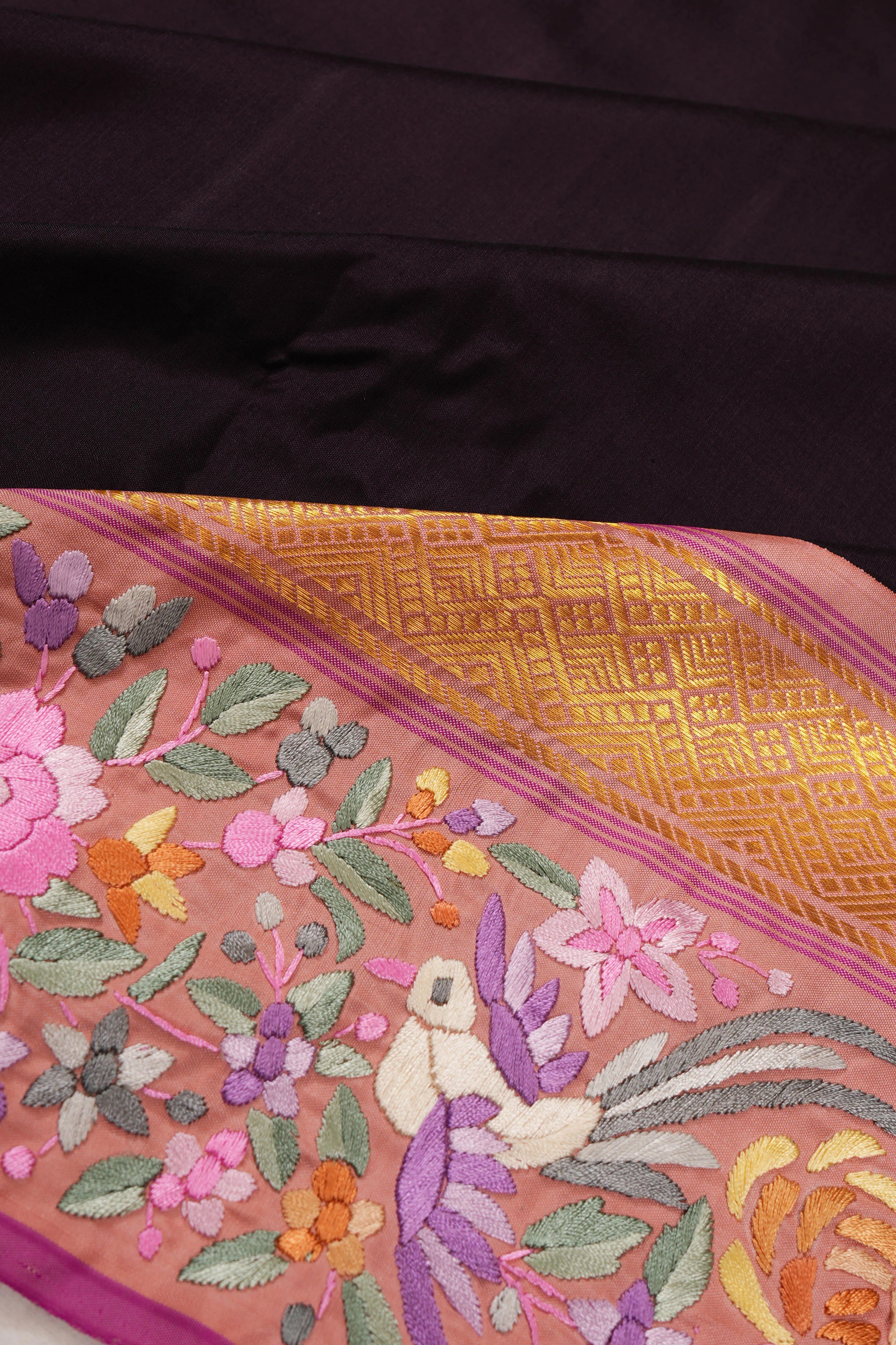 Parsi Gara X Kanchipuram Silk Plain Dark Brown Saree