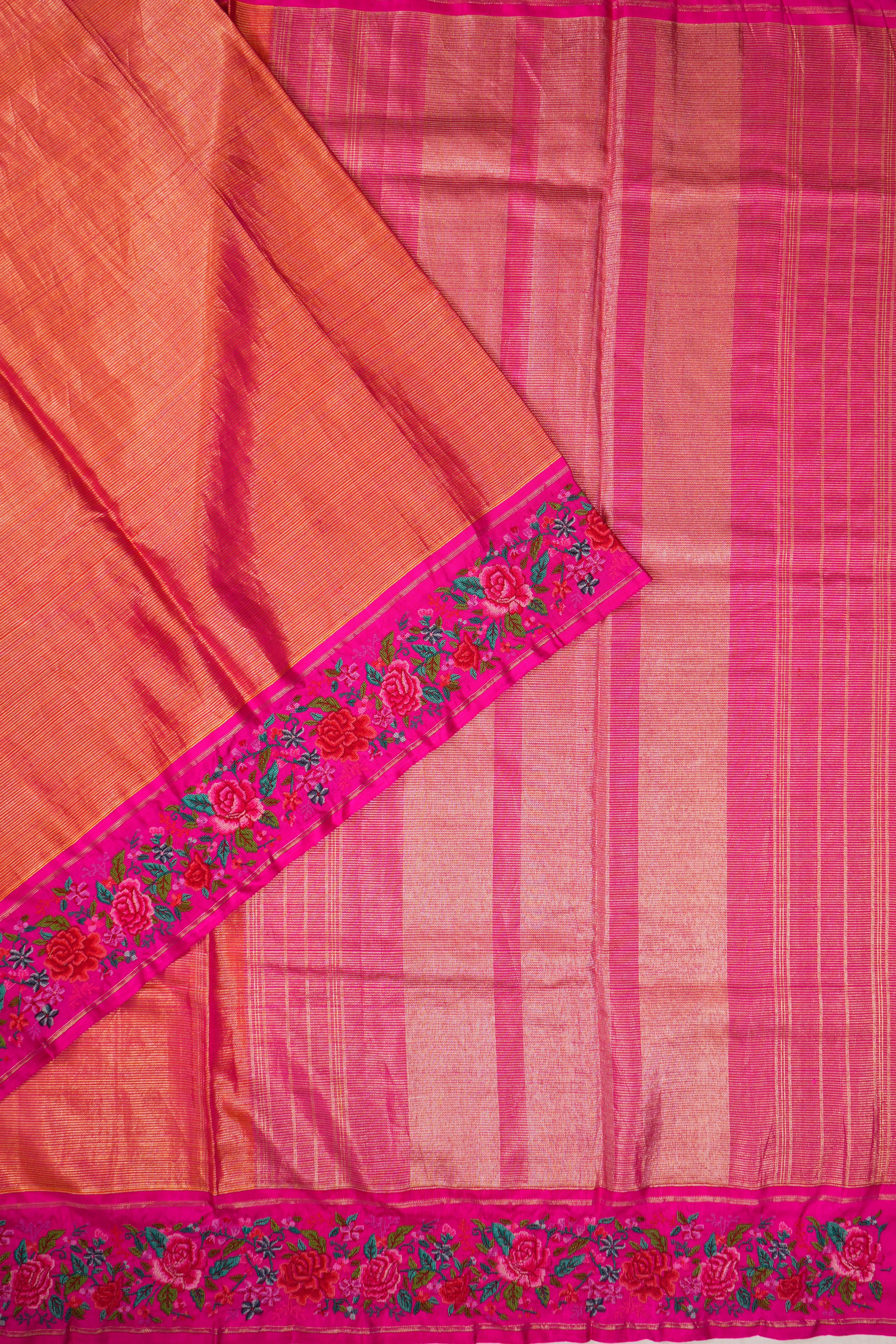 Kanchipuram Silk Horizontal Lines Pink Saree With Embroidery Border