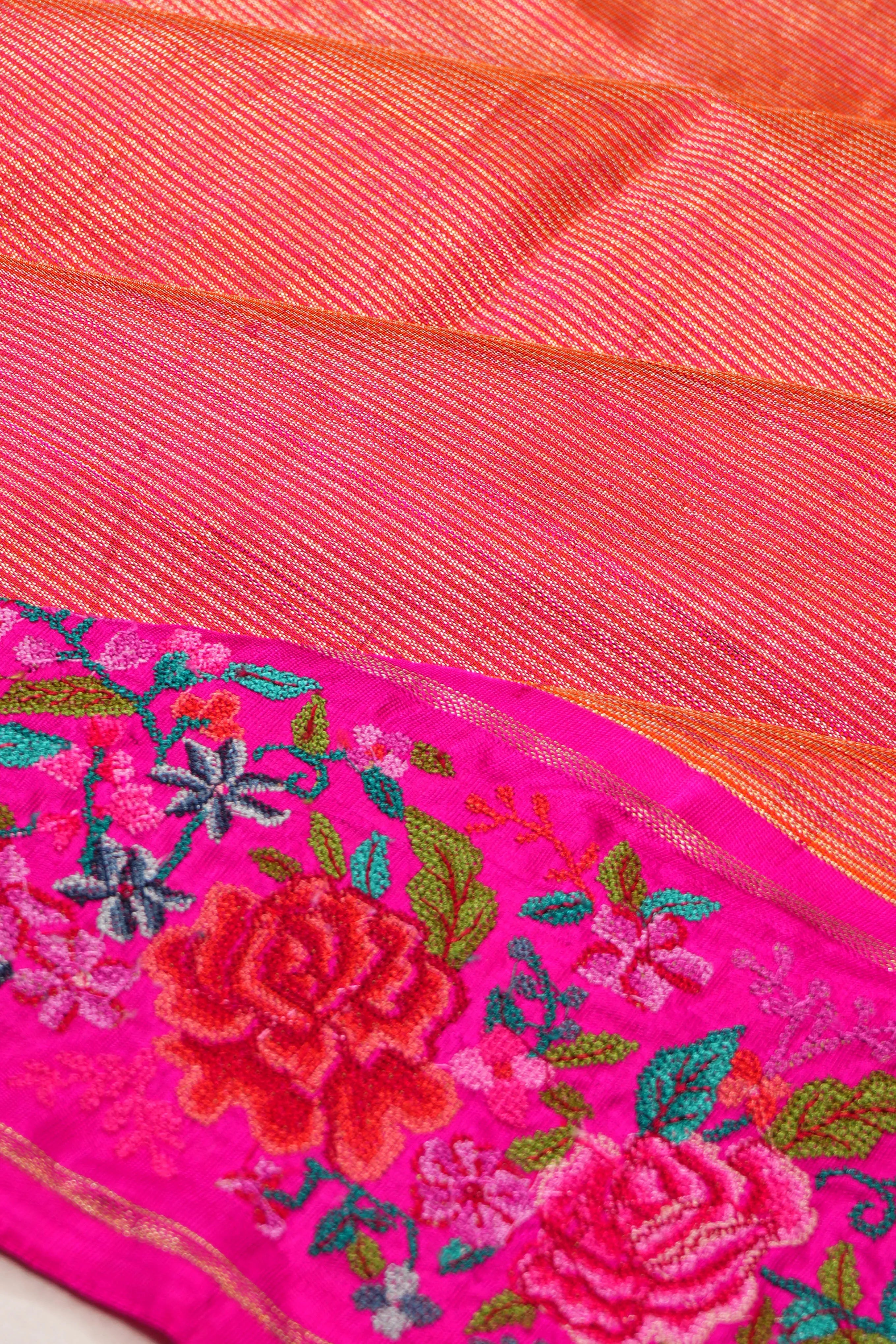 Kanchipuram Silk Horizontal Lines Pink Saree With Embroidery Border