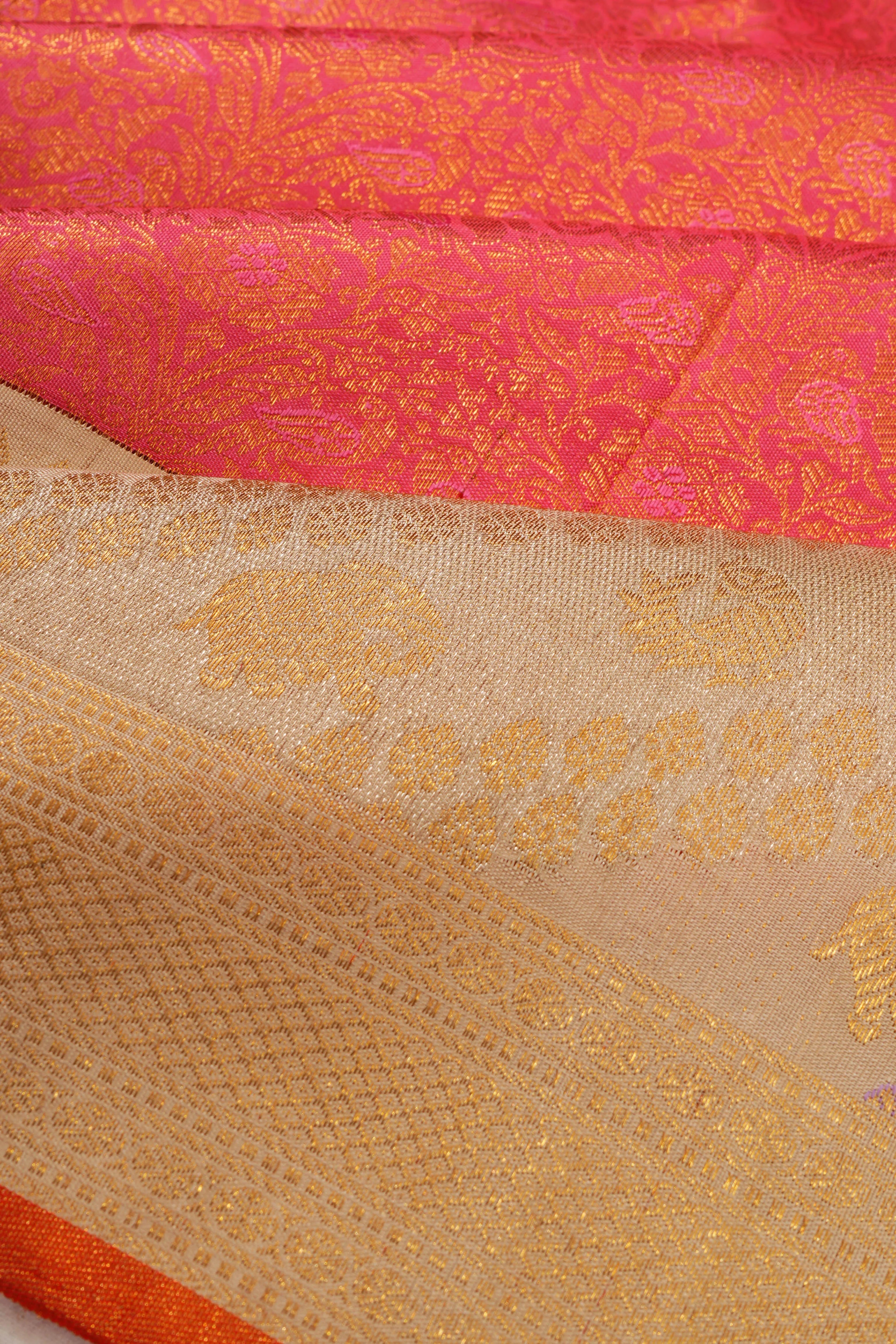 Kanchipuram Silk Brocade Pink Saree With Rangkat Inspired Border