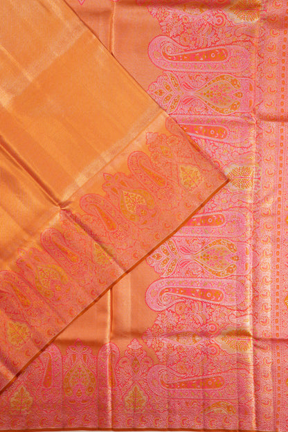 Kanchipuram Silk Tissue Diagonal Lines Gold Saree