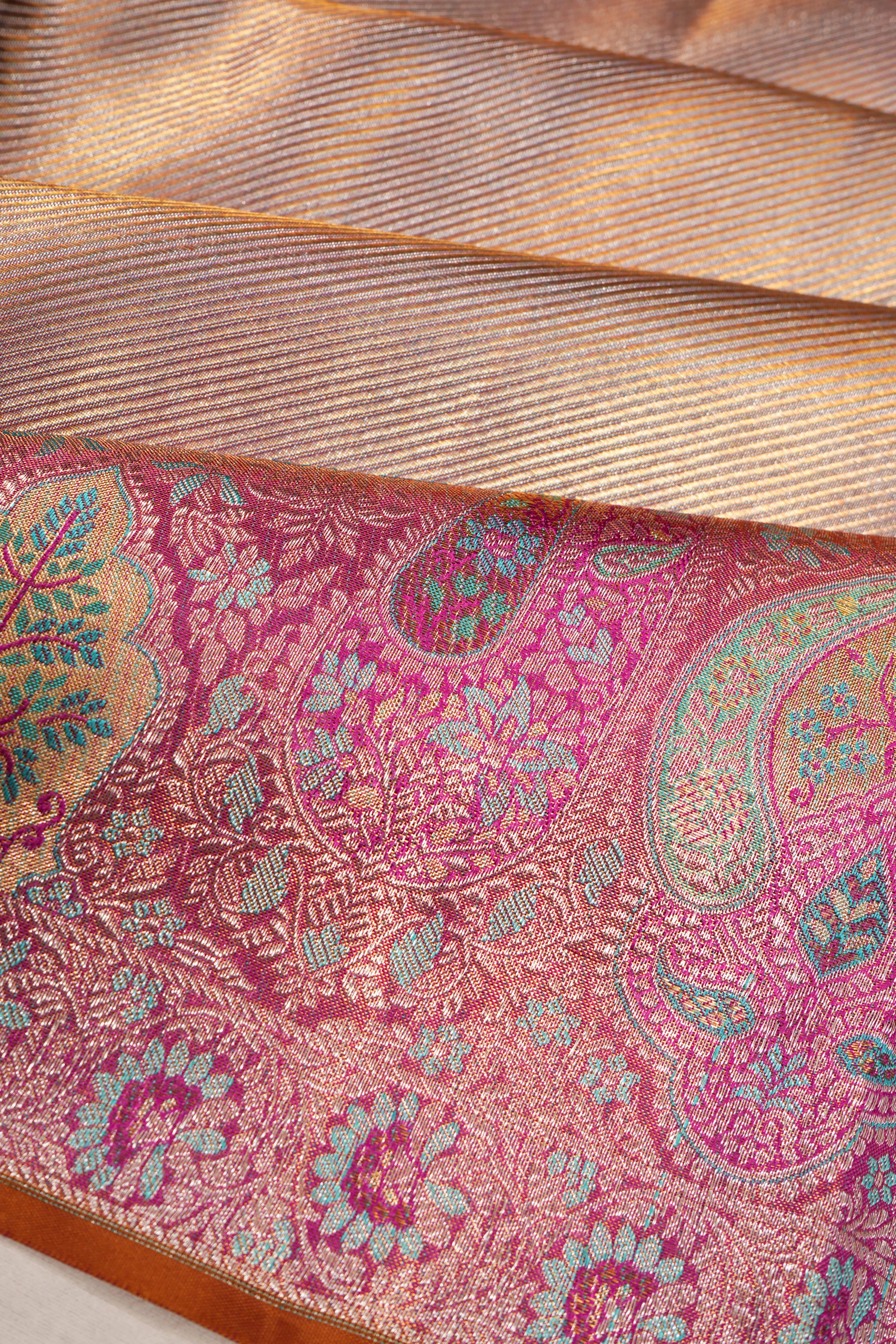 Kanchipuram Silk Tissue Diagonal Lines Gold Saree