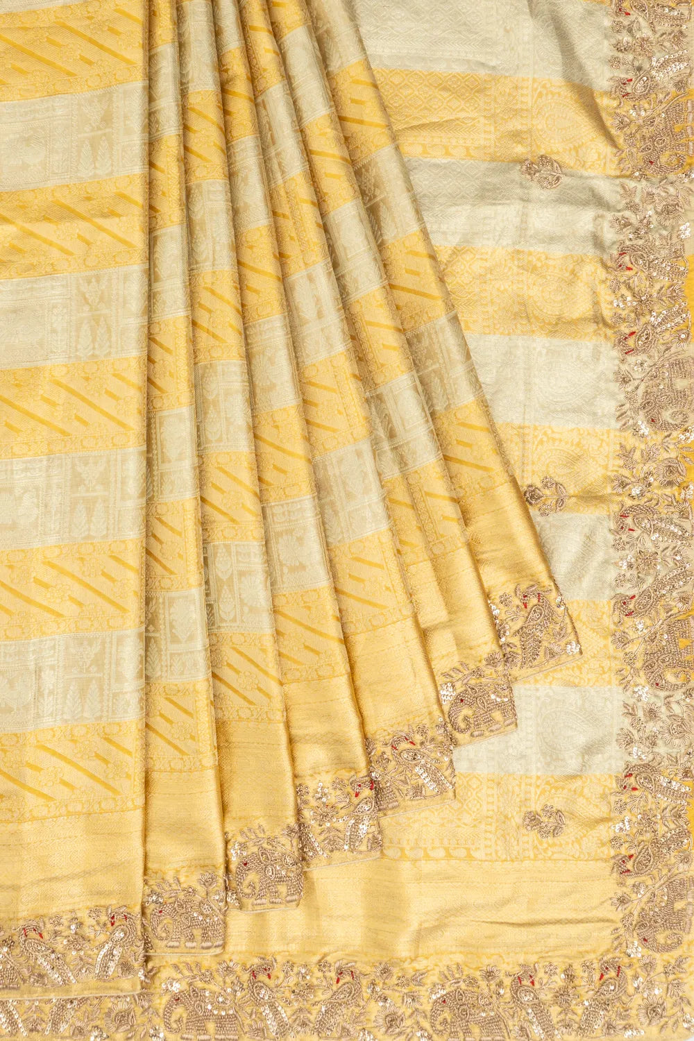 Kanchipuram Silk Tissue Horizontal Lines Gold And Silver Saree With Zardosi Work