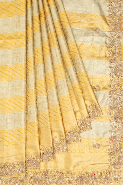 Kanchipuram Silk Tissue Horizontal Lines Gold And Silver Saree With Zardosi Work
