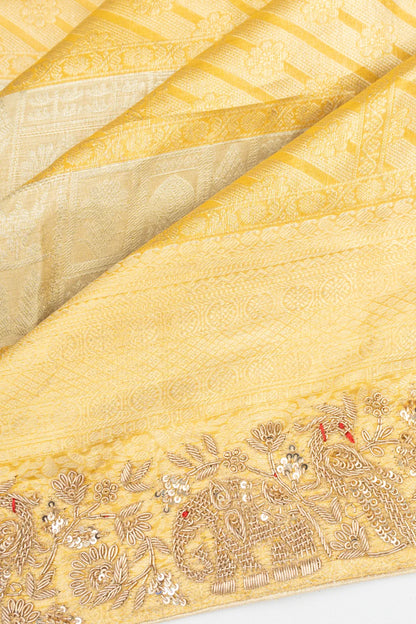 Kanchipuram Silk Tissue Horizontal Lines Gold And Silver Saree With Zardosi Work