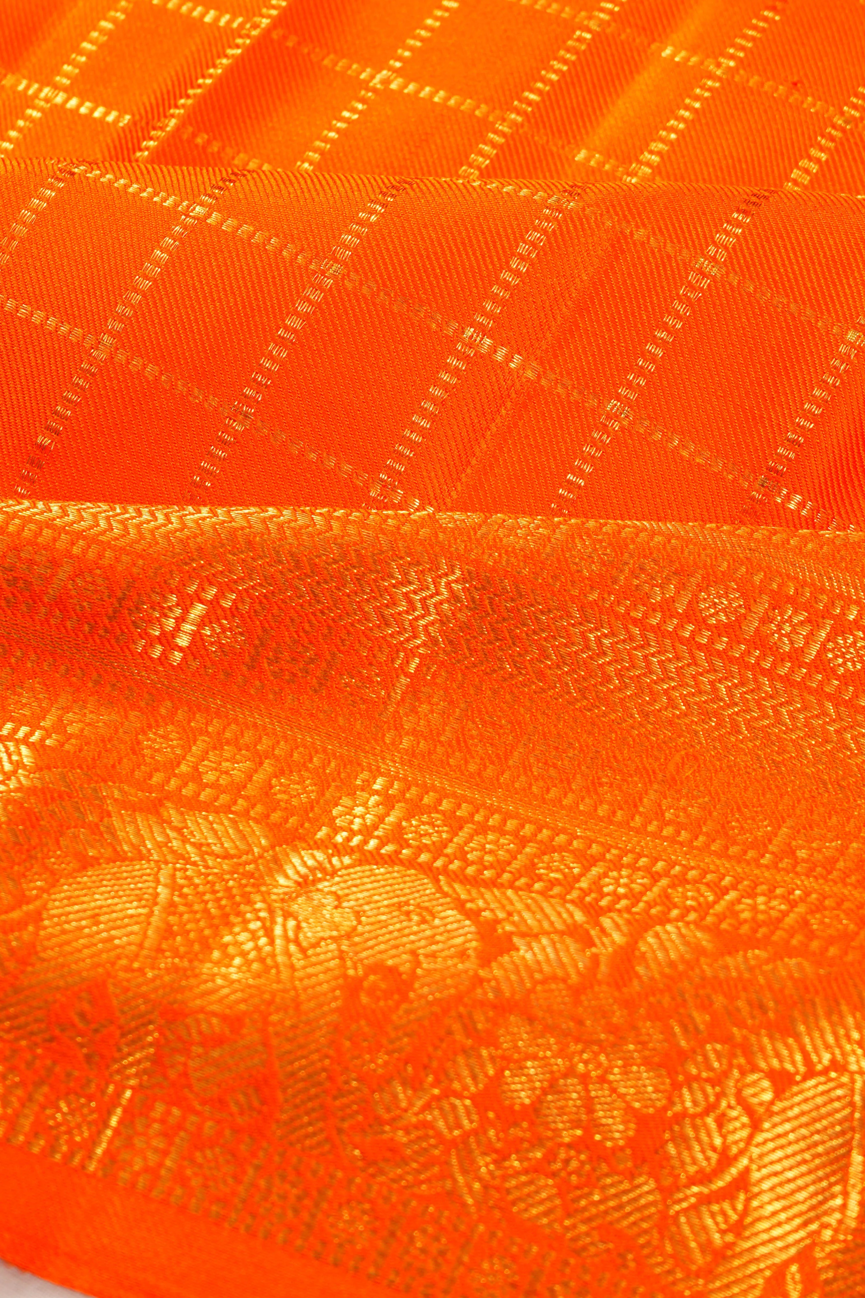 Kanchipuram Silk Twill Checks Orange Saree