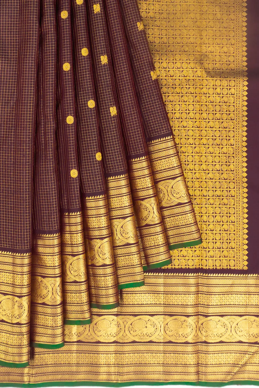 Kanchipuram Silk Checks And Butta Brown Saree