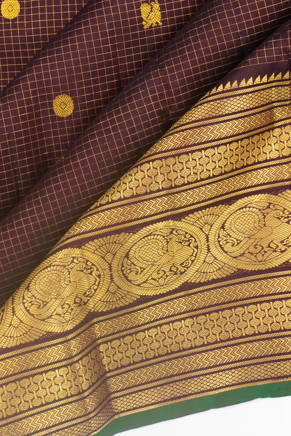 Kanchipuram Silk Checks And Butta Brown Saree