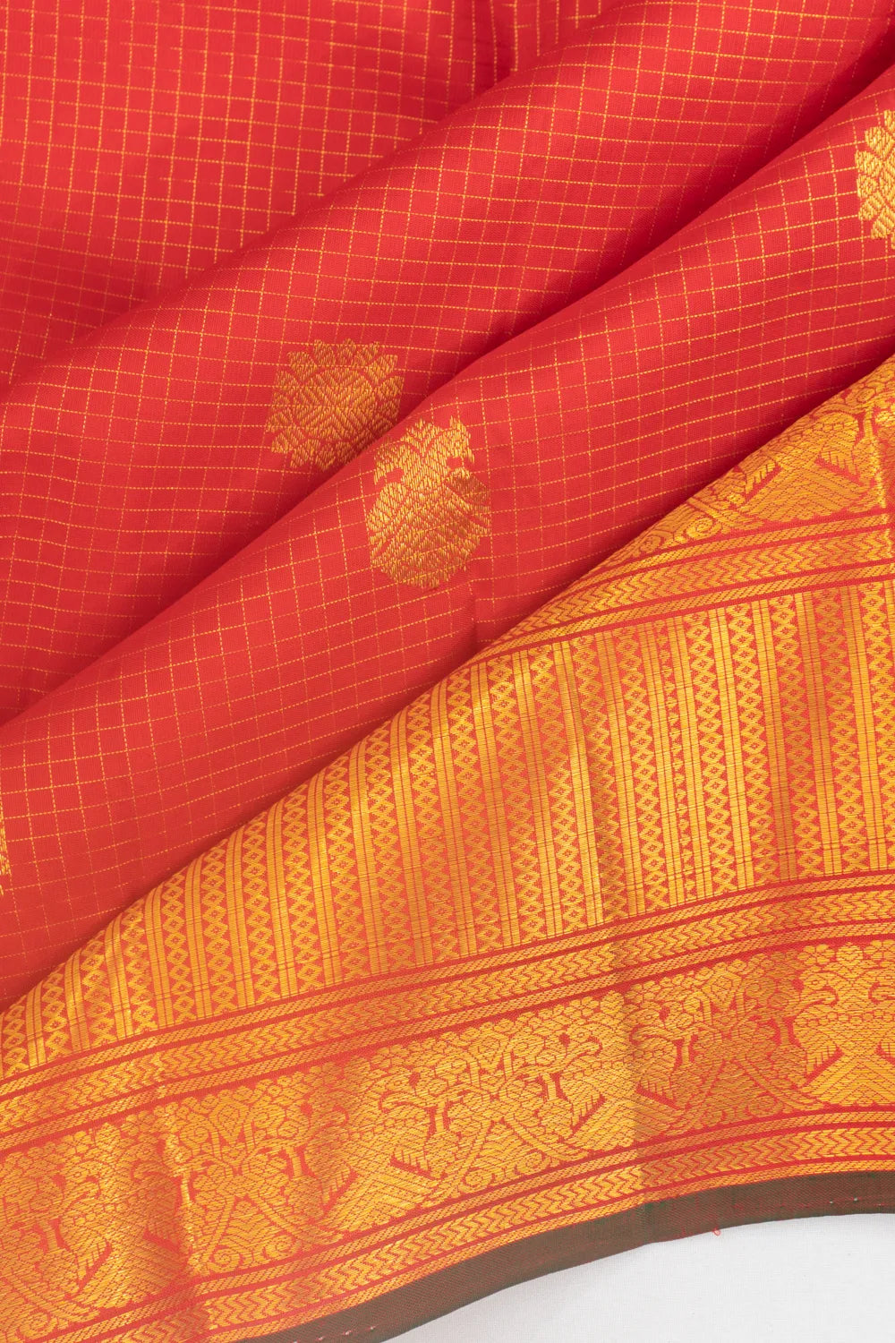 Kanchipuram Silk Checks And Butta Red Saree