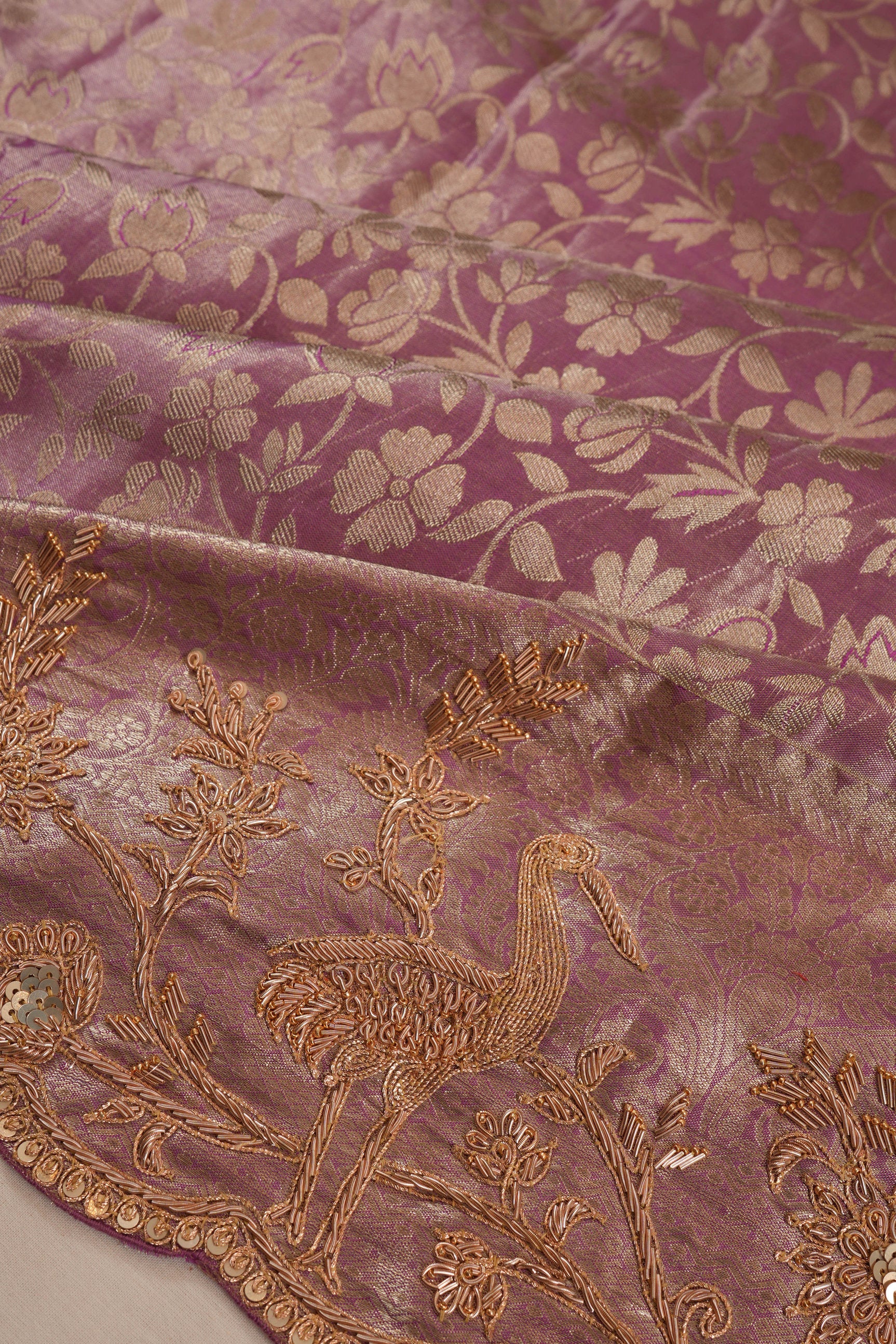 Kanchipuram Silk Tissue Brocade Lavender Saree With Embroidery Scallop Border