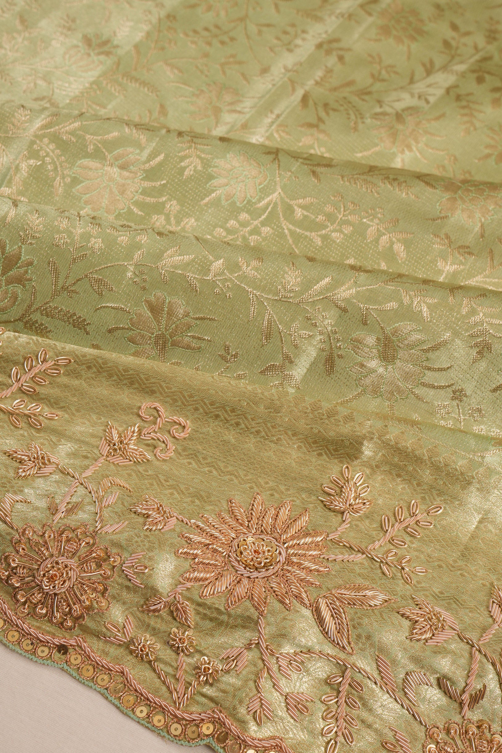 Kanchipuram Silk Tissue Brocade Pastel Green Saree With Embroidery Scallop Border