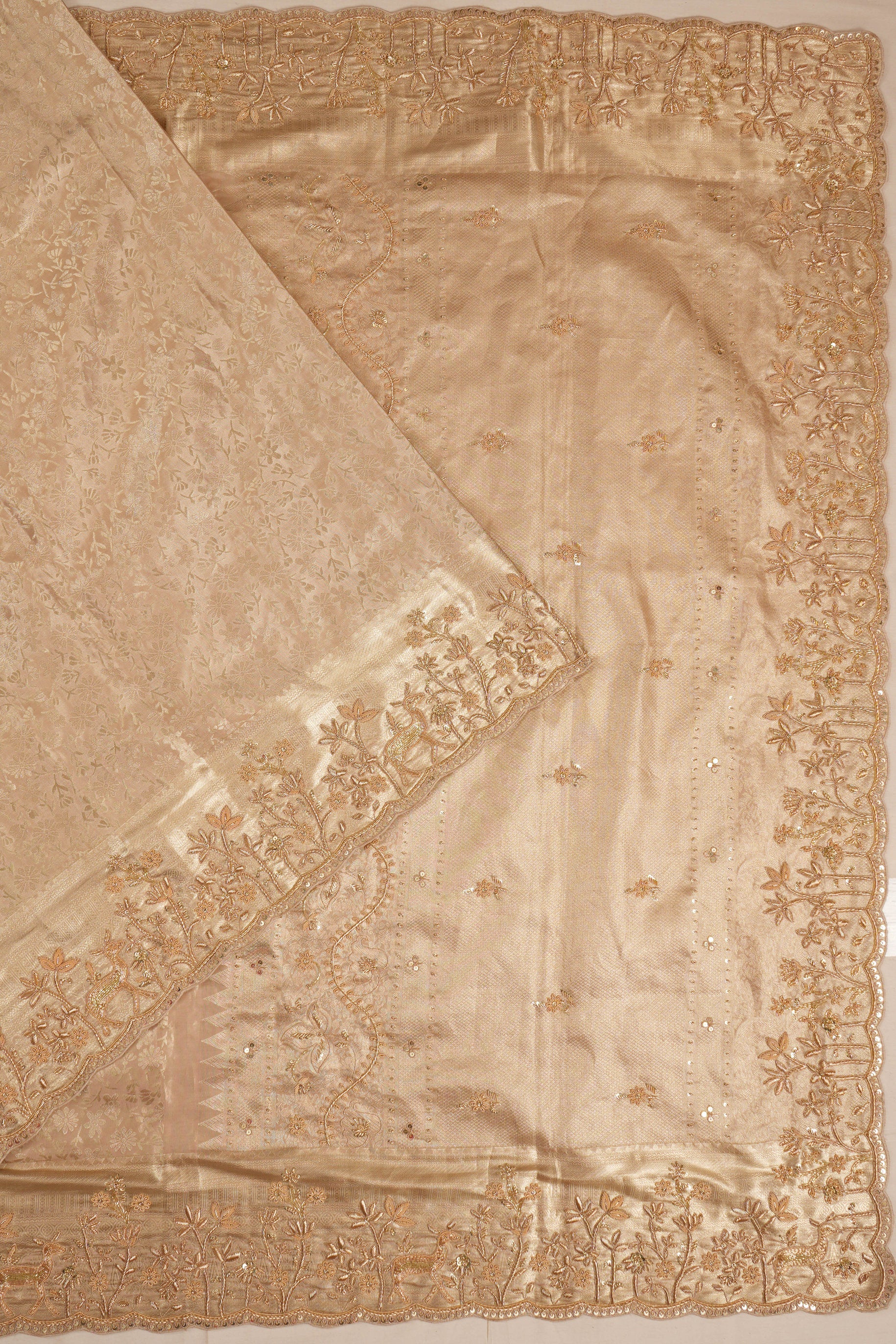 Kanchipuram Silk Tissue Brocade Cream Saree With Embroidery Scallop Border