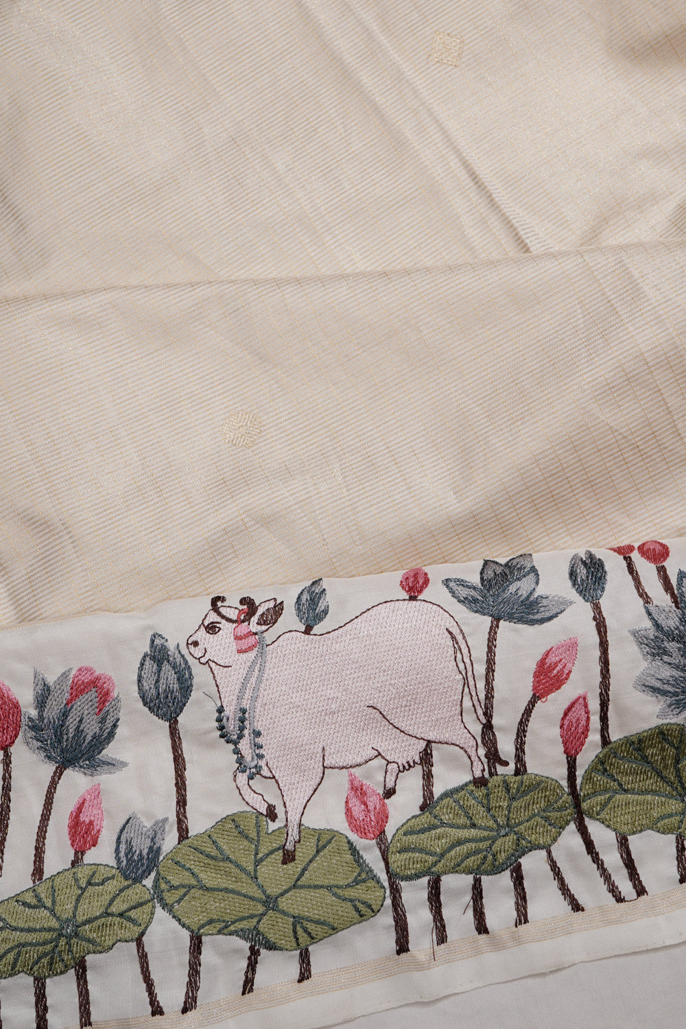 Banarasi Silk Checks And Butta White Saree With Pichwai Embroidery Border