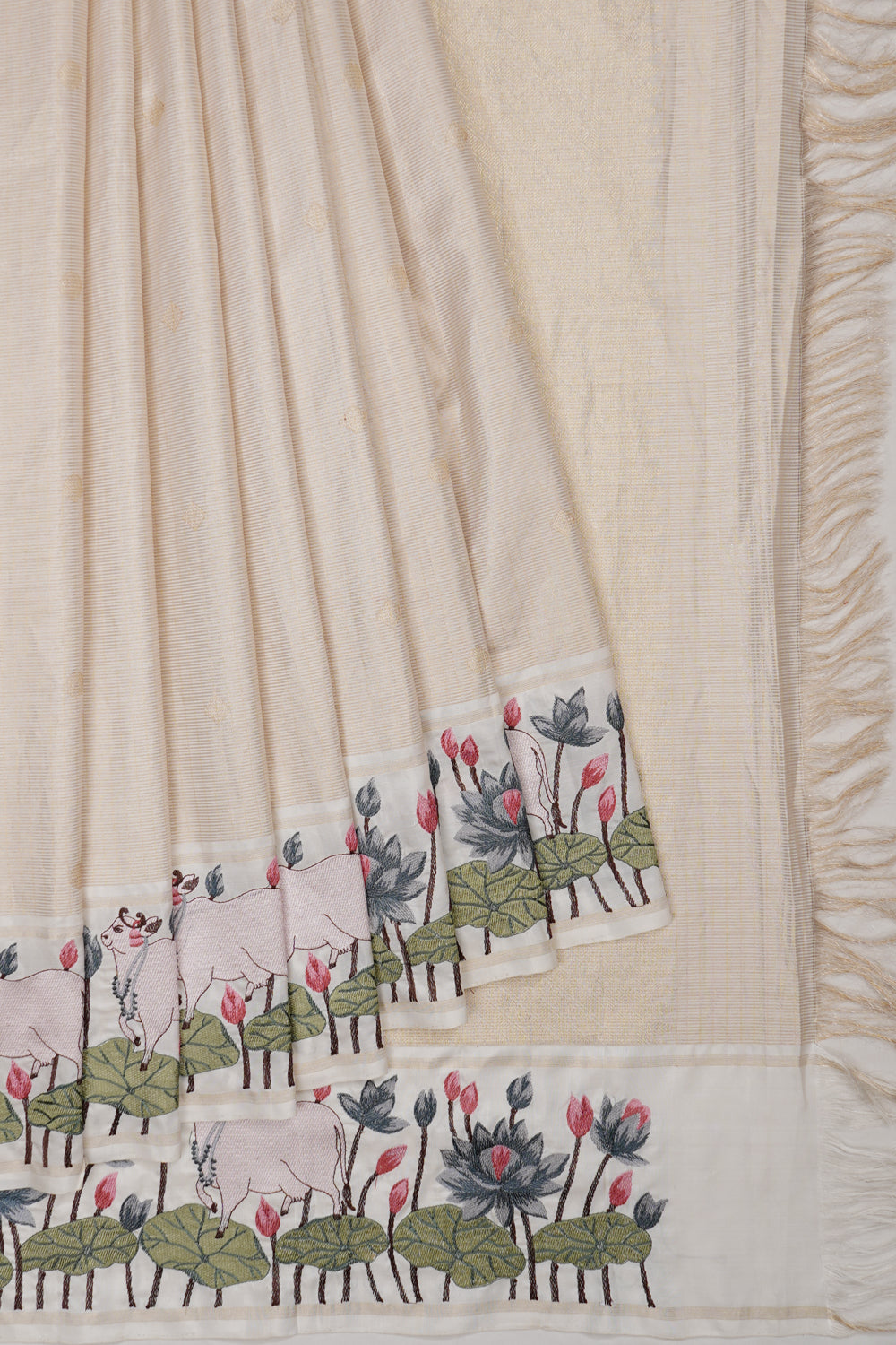 Banarasi Silk Checks And Butta White Saree With Pichwai Embroidery Border