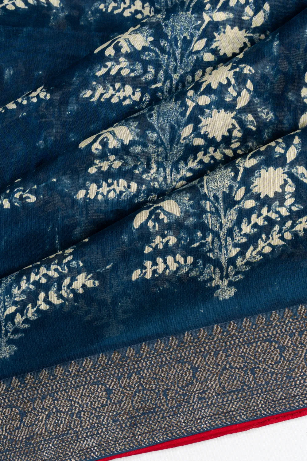 Chanderi Cotton Floral Printed Indigo Blue Saree