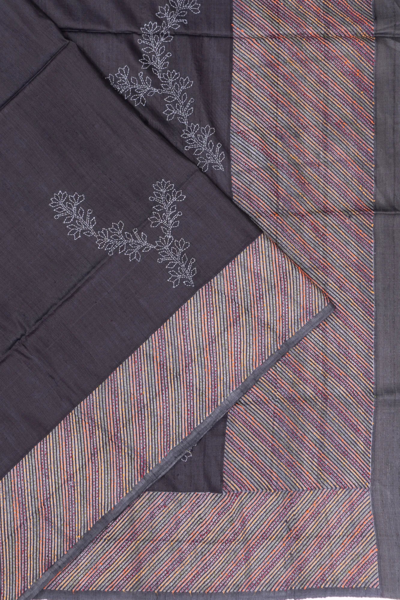 Tussar Kantha Work Butta Black Saree