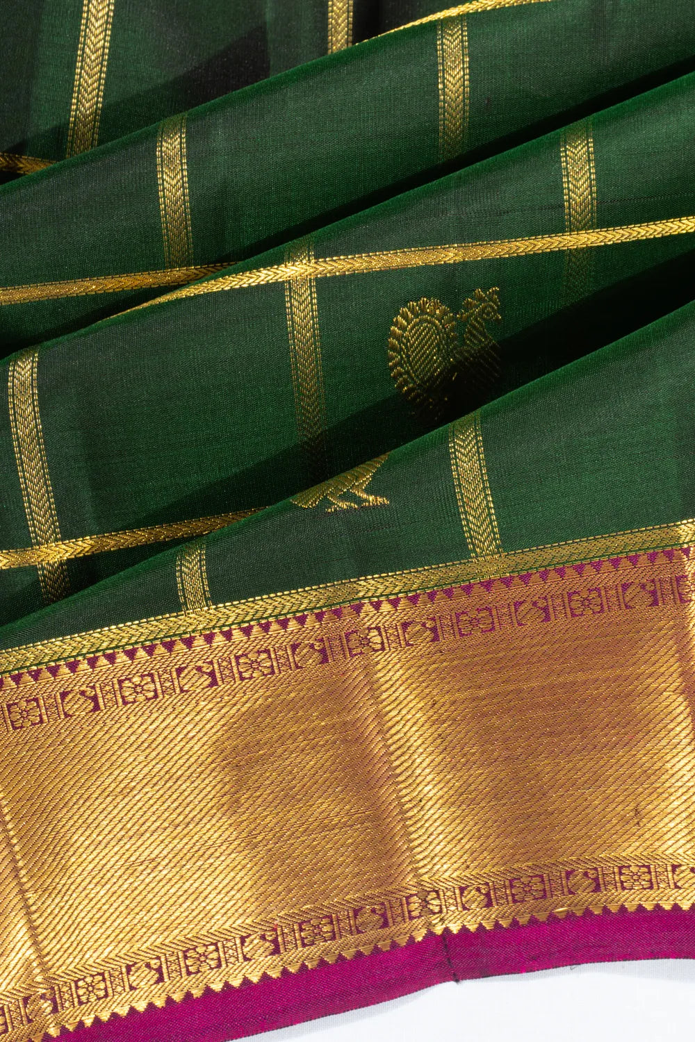 Classic Kanchipuram Silk Checks And Butta Dark Green Saree