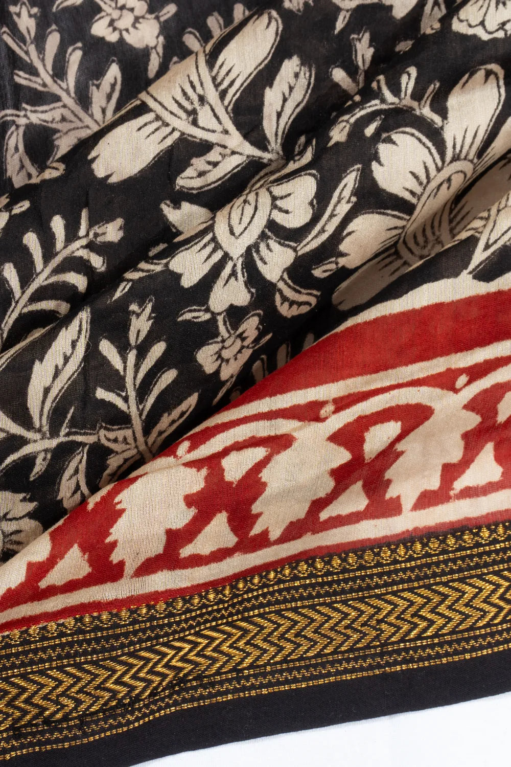 Chanderi Cotton Floral Block Printed Black Saree