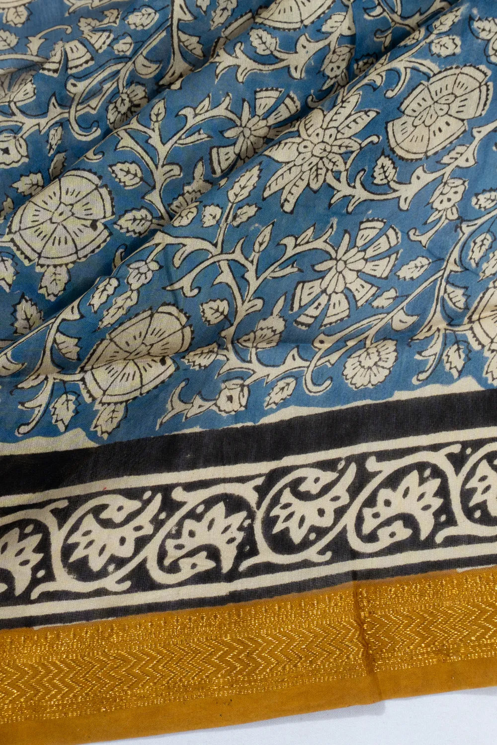 Chanderi Cotton Floral Block Printed Blue Saree