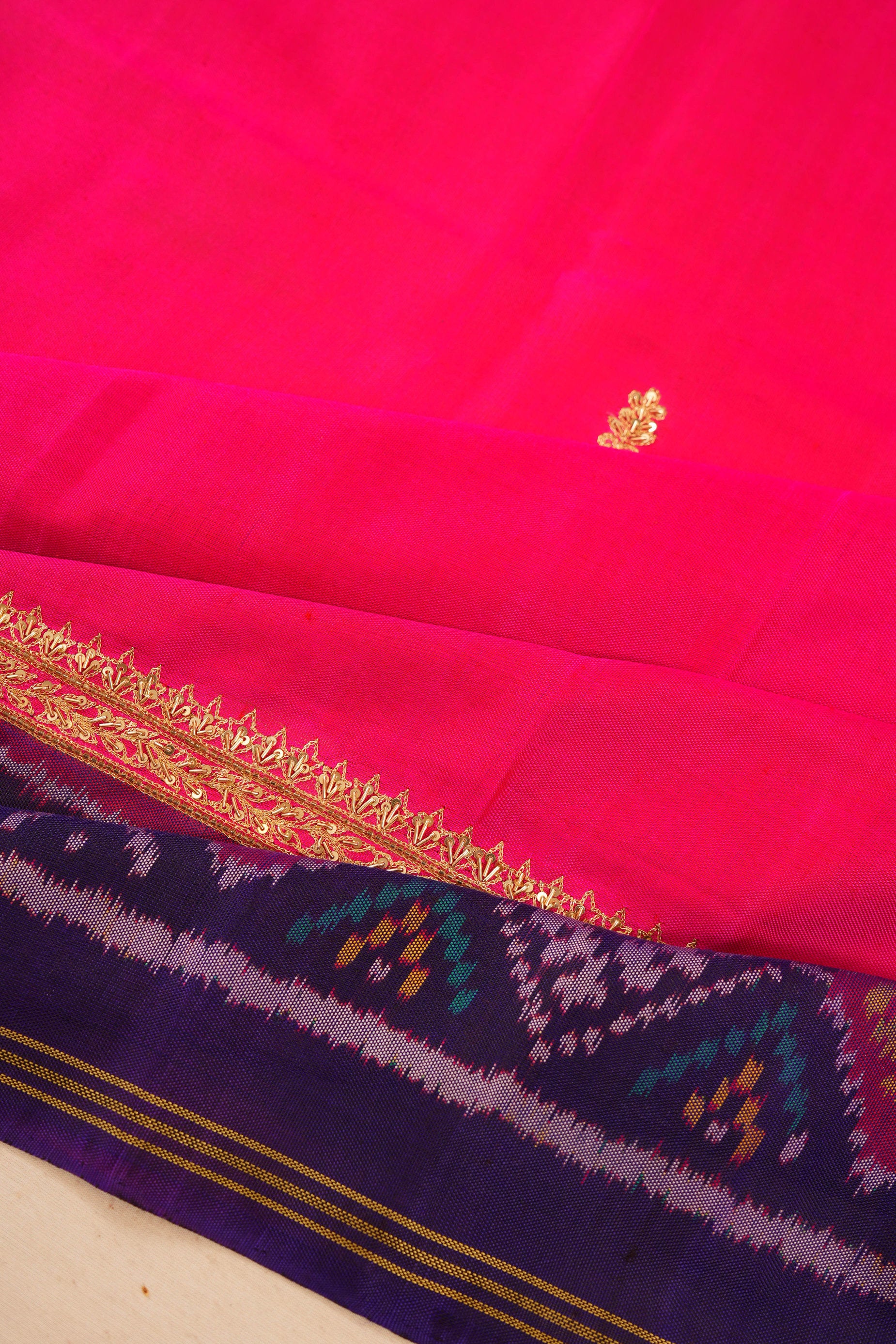 Banarasi Silk Butta Rani Pink Saree With Ikat Border And Pallu