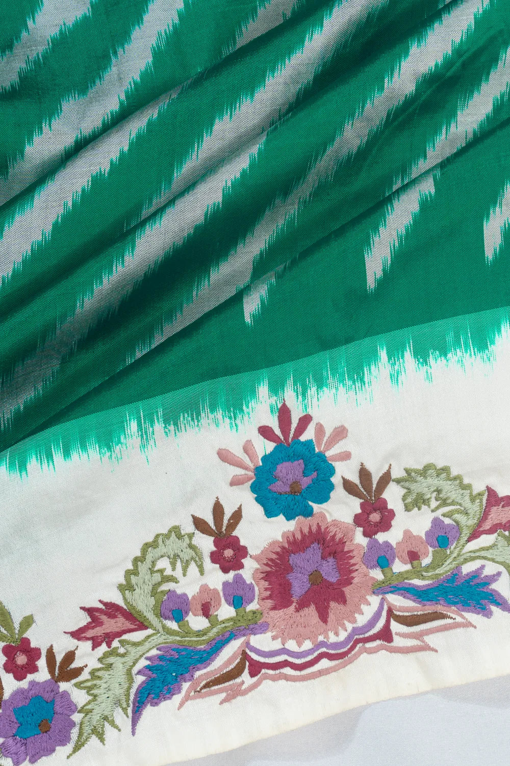 Pochampally Silk Ikat Sea Green Saree With Embroidery Border