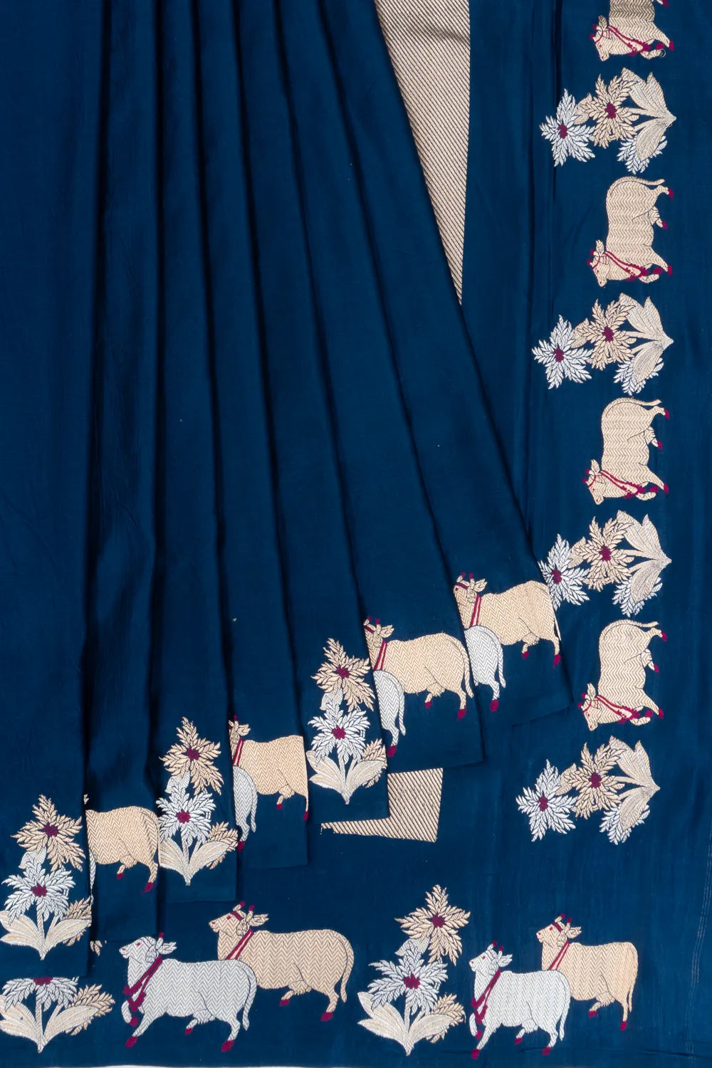 Banarasi Katan Silk Pichwai Plain Dark Blue Saree