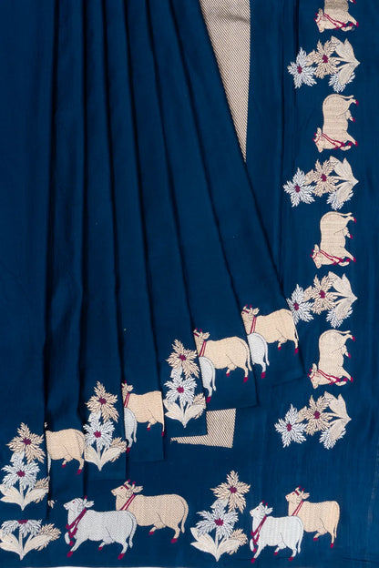 Banarasi Katan Silk Pichwai Plain Dark Blue Saree