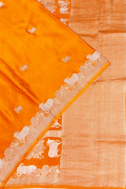 Banarasi Satin Pichwai Butta Tangerine Orange Saree