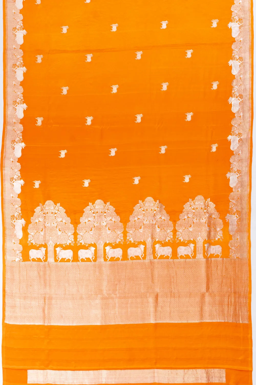 Banarasi Satin Pichwai Butta Tangerine Orange Saree