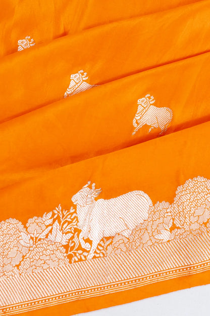 Banarasi Satin Pichwai Butta Tangerine Orange Saree