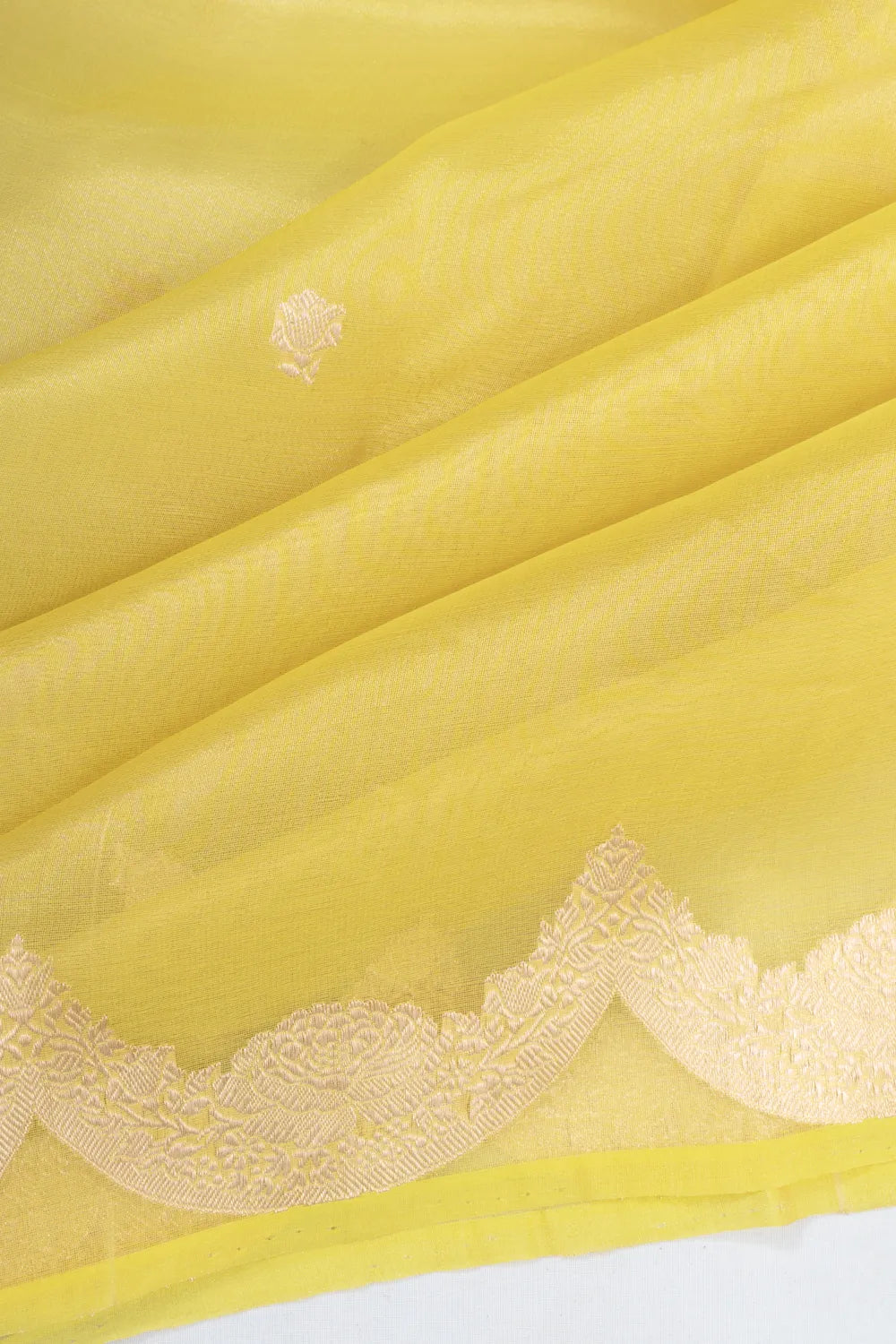 Banarasi Kora Organza Butta Yellow Saree With Scallop Border