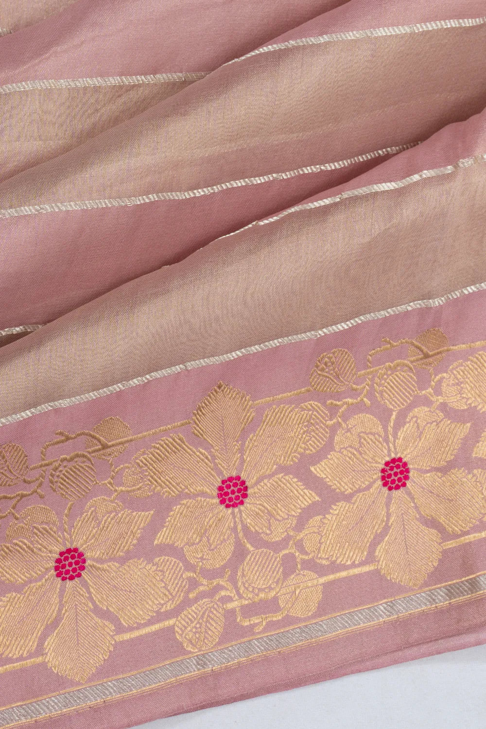 Banarasi Kora Organza Tissue Horizontal Lines Baby Pink Saree