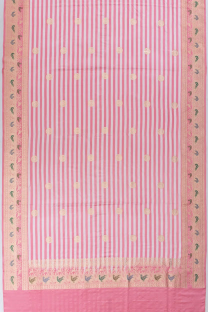 Vintage Banarasi Satin Horizontal Lines And Butta Baby Pink Saree