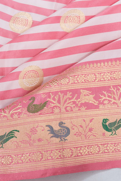 Vintage Banarasi Satin Horizontal Lines And Butta Baby Pink Saree