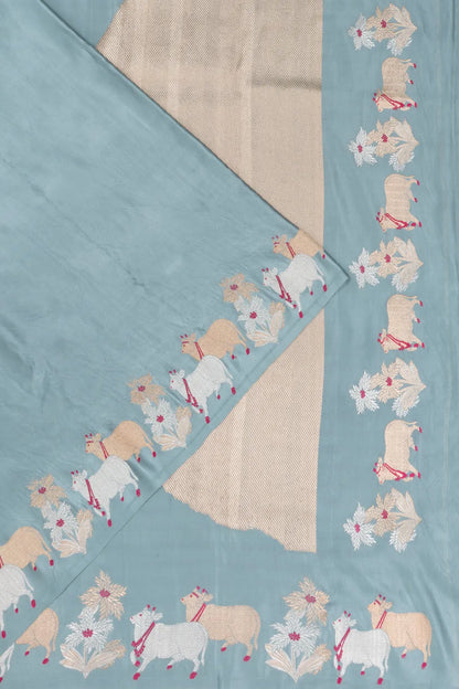 Banarasi Silk Pichwai Plain Powder Blue Saree