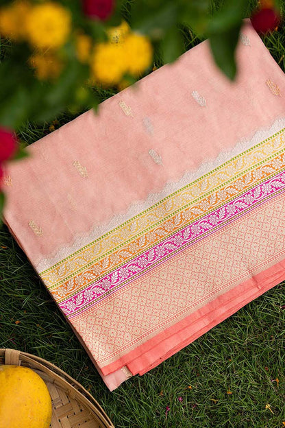 Banarasi Kora Organza Butta Pastel Orange Saree