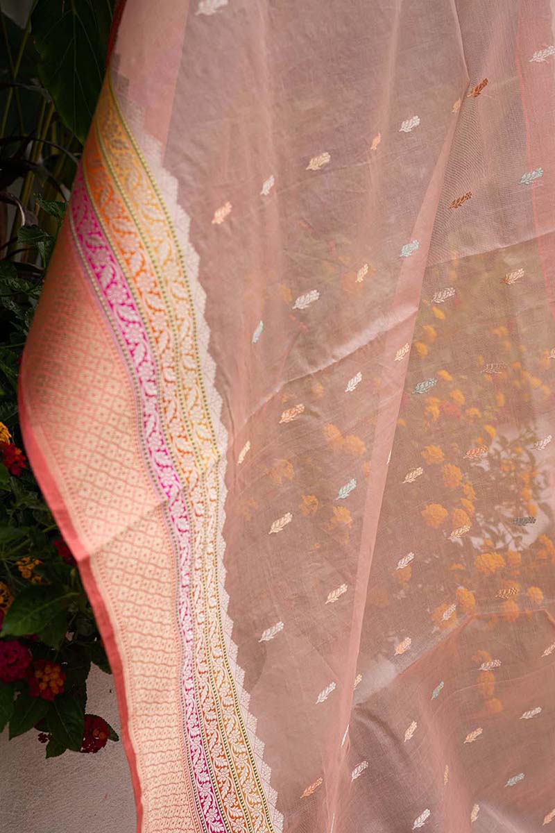 Banarasi Kora Organza Butta Pastel Orange Saree