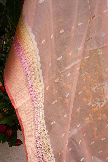 Banarasi Kora Organza Butta Pastel Orange Saree