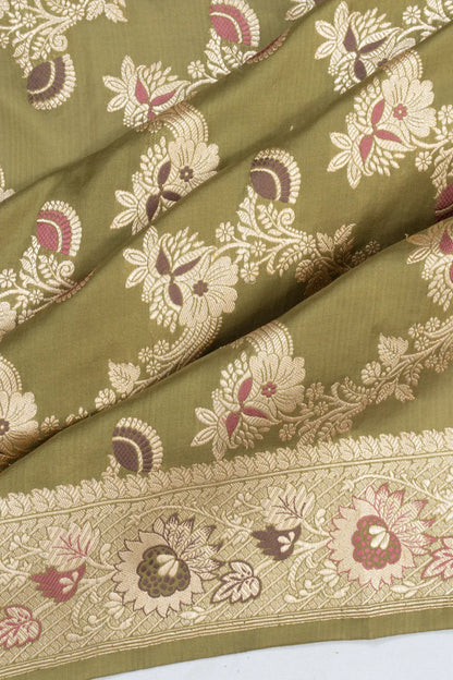 Banarasi Silk Kadwa Jaal Mehendi Green Saree