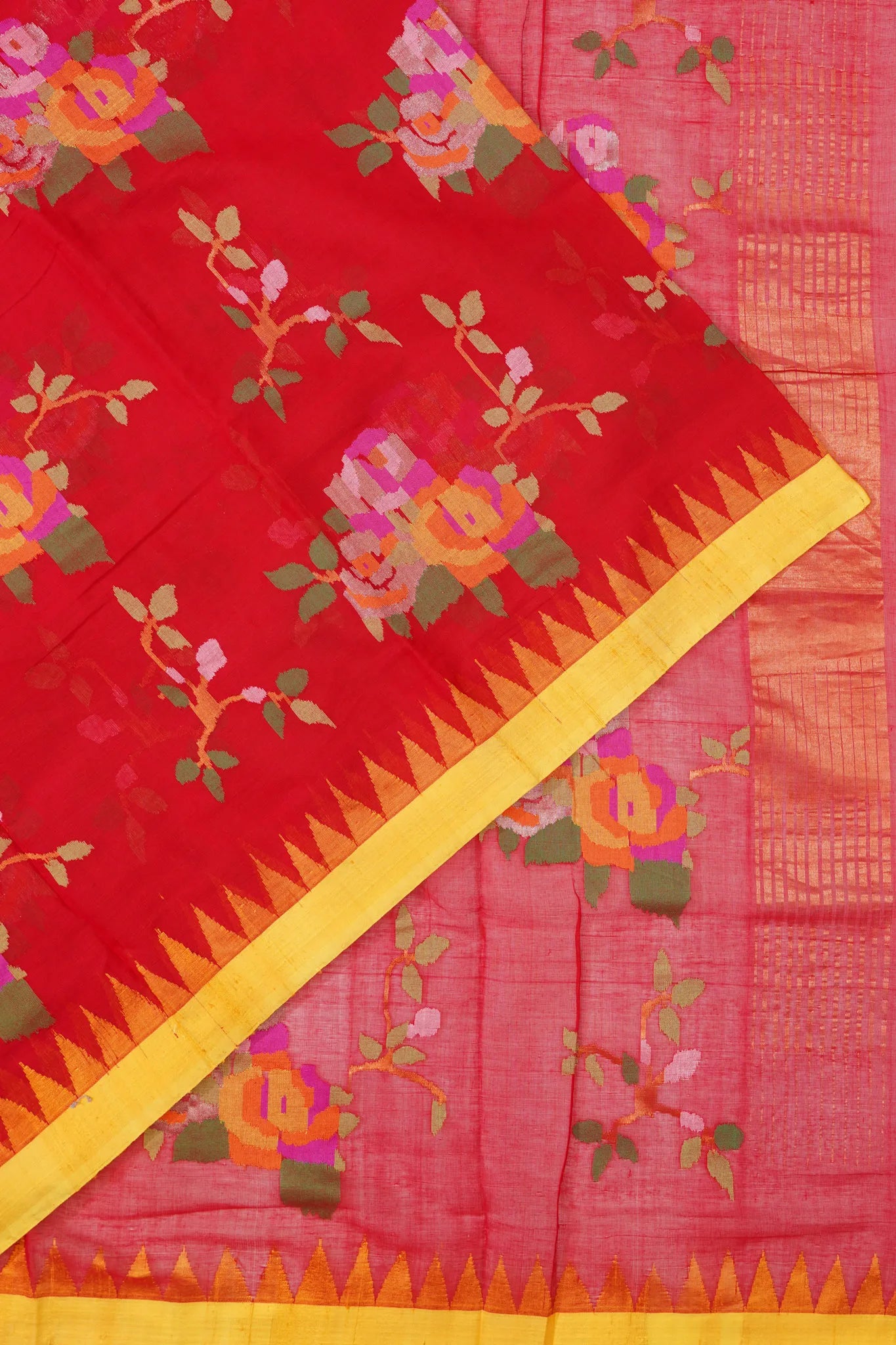 Ponduru Handspun Cotton Jamdani Jaal Red Saree