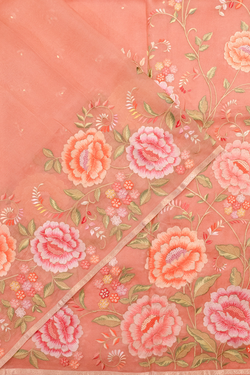 Organza Butta Peach Saree With Embroidery Border