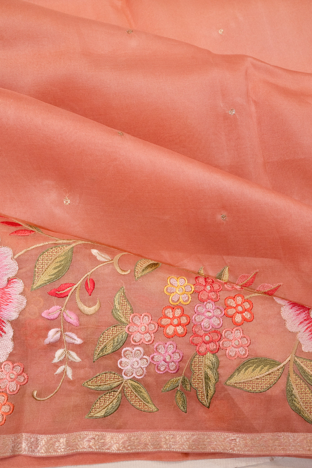 Organza Butta Peach Saree With Embroidery Border