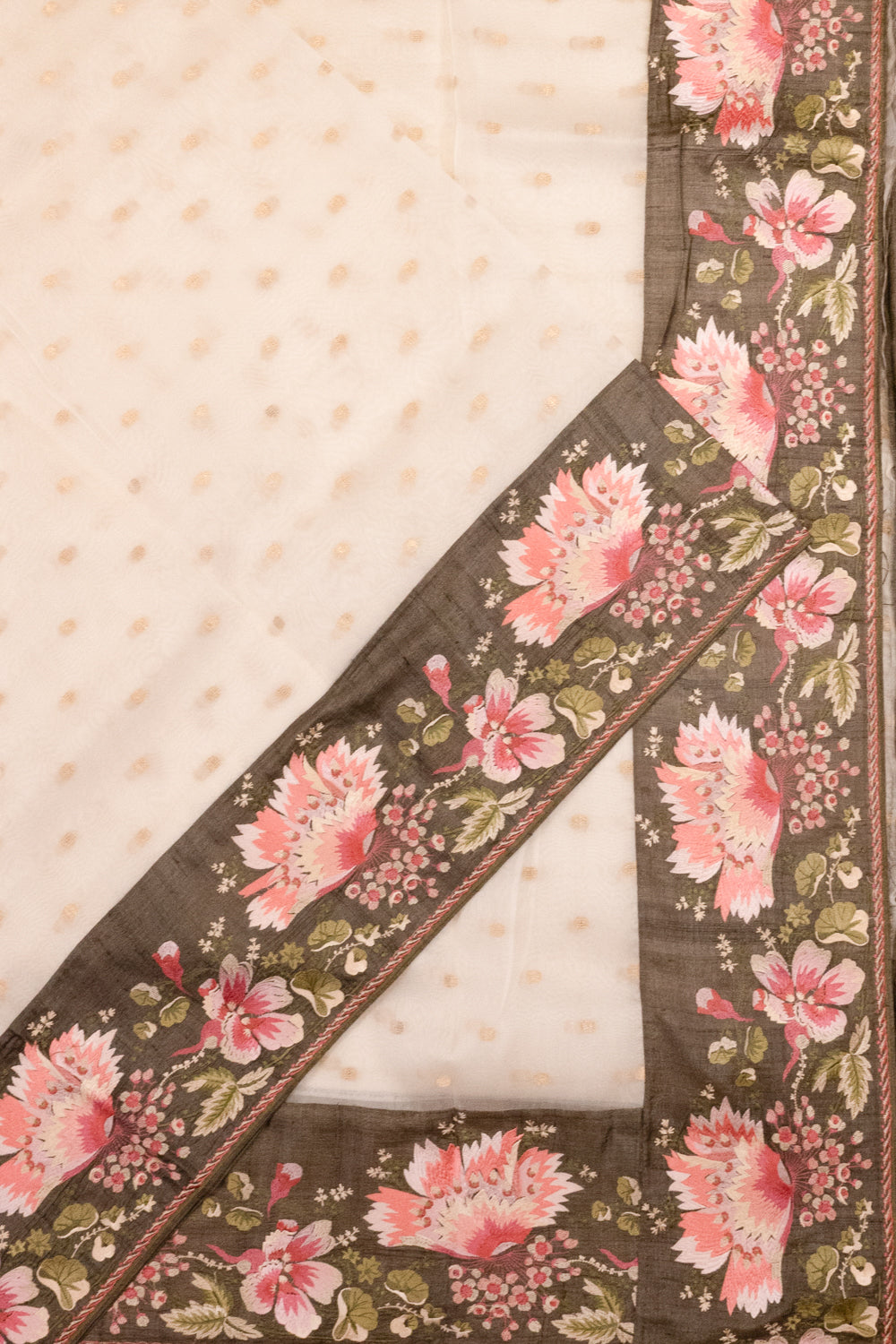 Organza Butta Off White Saree With Tussar Embroidery Border